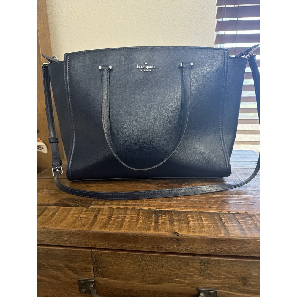 Kate Spade Blue Pebbled Leather Tote Bag Crossbody Strap Work Laptop Purse
